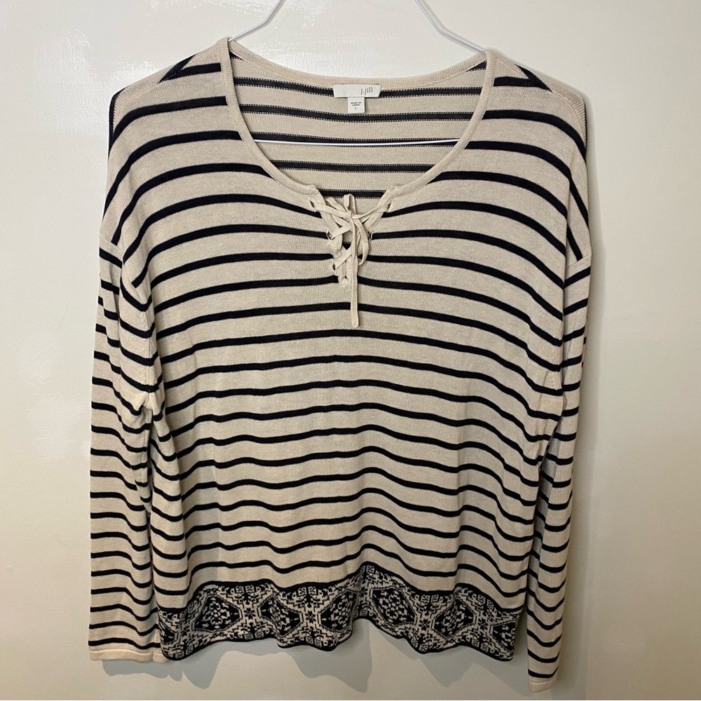 J.Jill Women’s Long Sleeve Sweater Ivory/Black Aztec Striped Lace-Up- Large